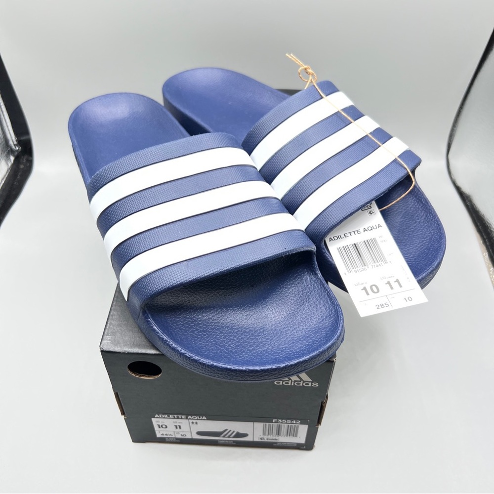 adidas Unisex Adilette Aqua Slides‎ Sandal, Dark Blue/White/Dark Blue, 10 US Men